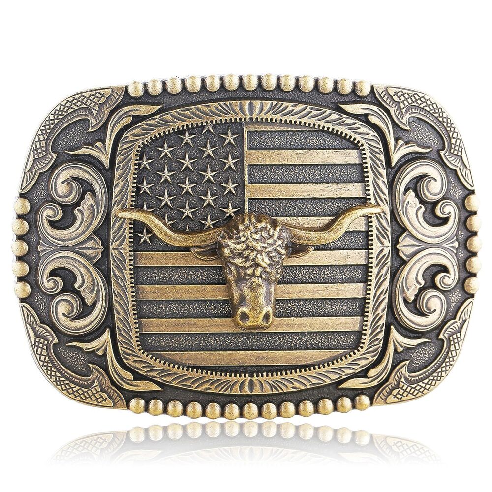8488 Western Belt Buckle American Flag Star Cowboy Bull Bison Belt Buckle